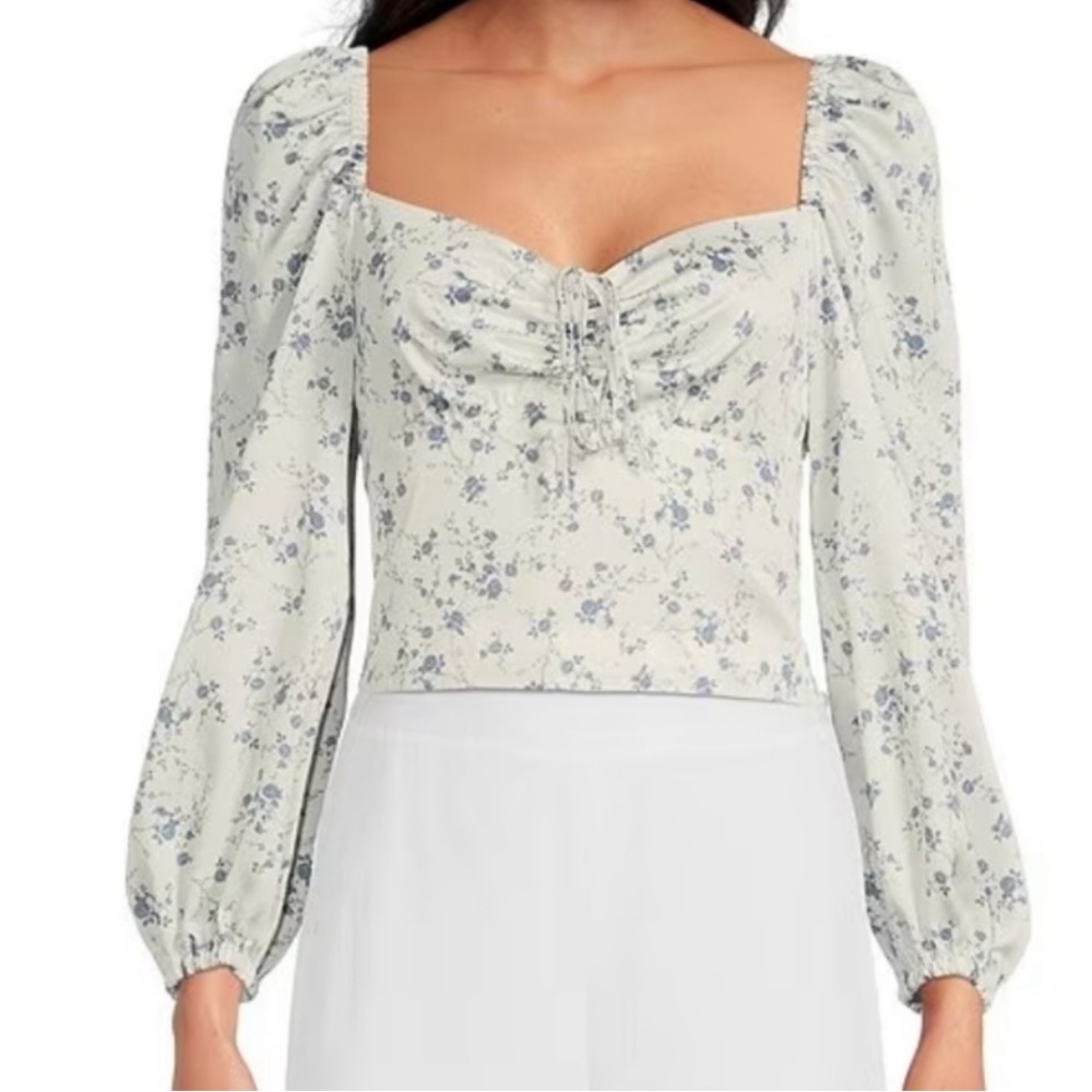 NWT GIANNI BINI blue white floral satin long sleeve spring top
